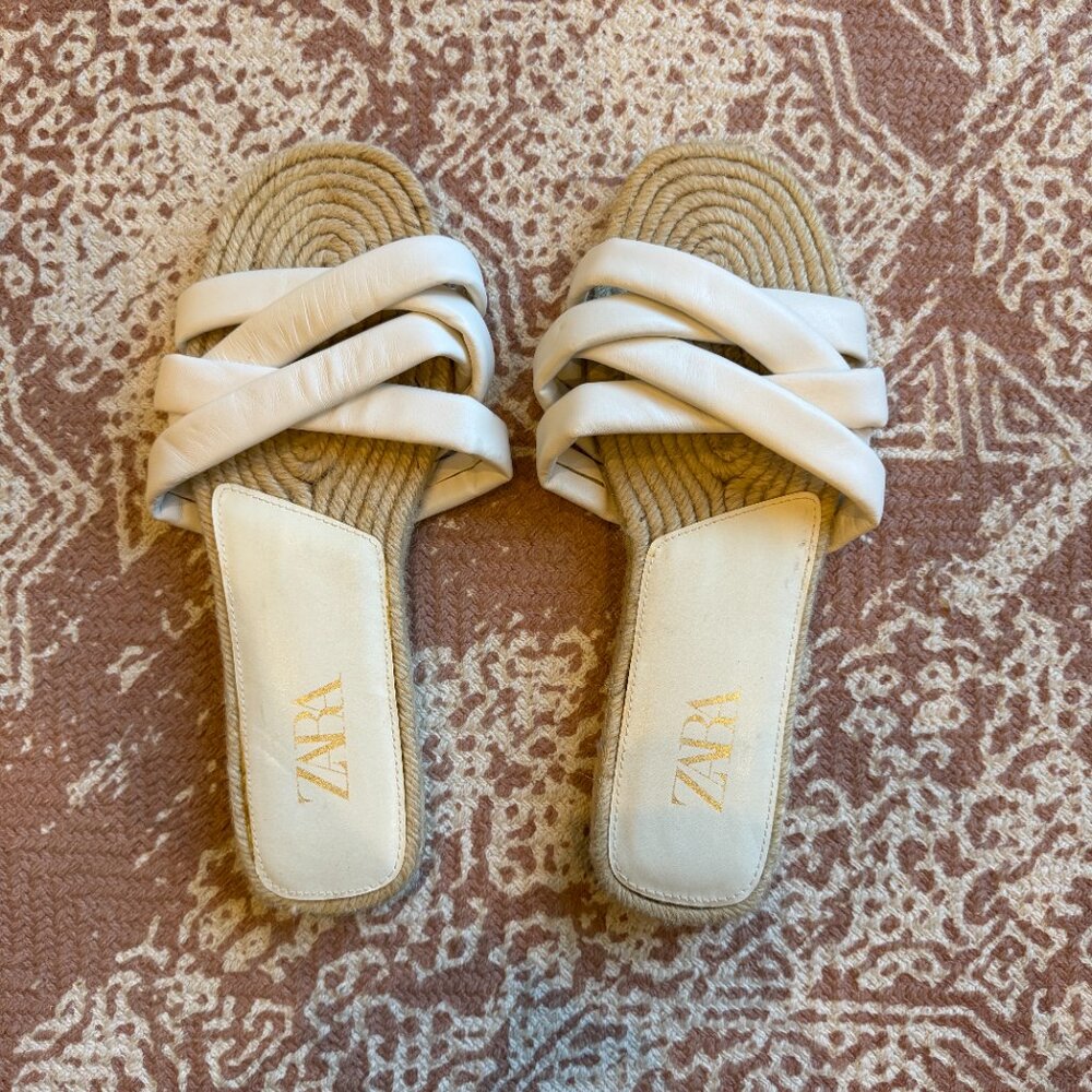 Zara White Leather Jute Sandals